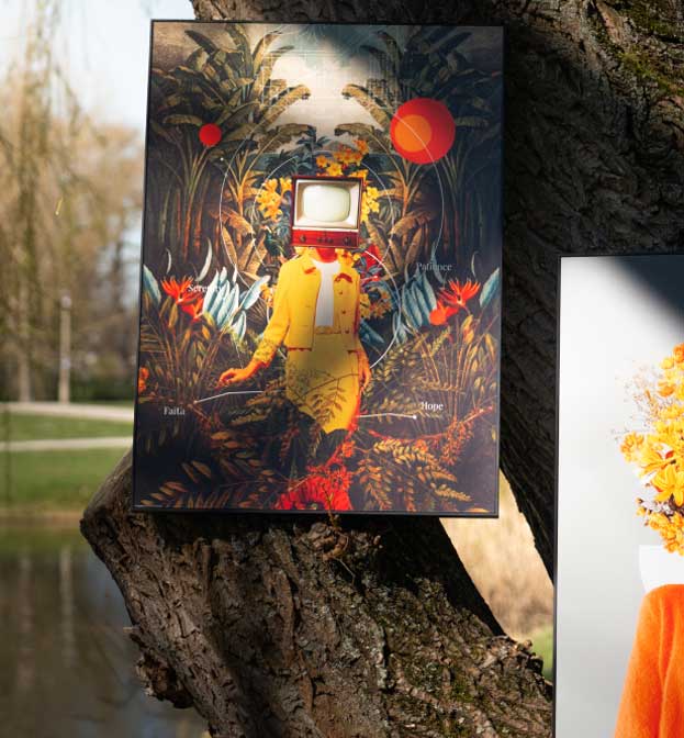 To surrealistiske billeder hænger på et træ i parken – til venstre en figur med et fjernsyn som hoved i et tropisk landskab, til højre et portræt med gule blomster i stedet for et ansigt